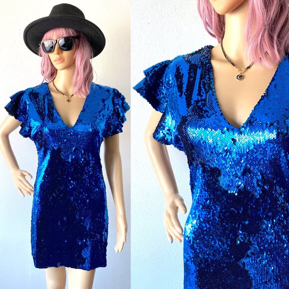 Blue Sequin Mini Dress Flutter Sleeves Disco Party Size Medium Statement Dress - Picture 1 of 9